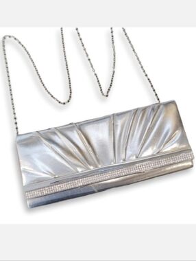 K Studio Pleated Rhinestone Evening Clutch Bag Chain Strap Silver Faux Leather